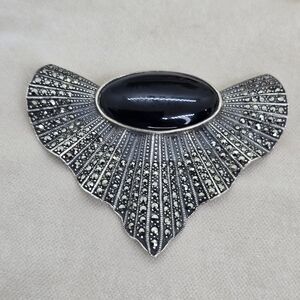 Vintage Judith Jack Art Deco Style Large Black Onyx & Marcasites Sterling Silver